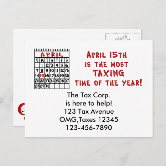 15 april - Meeste belastingtijd van het jaar! Briefkaart (Voorkant / Achterkant)