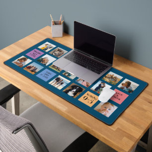 15 foto, 6 kleurblokken op blauw bureaumat