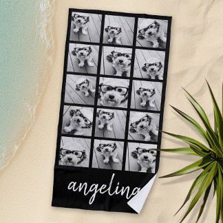 15 foto collage met scriptnaam - zwart wit strandlaken
