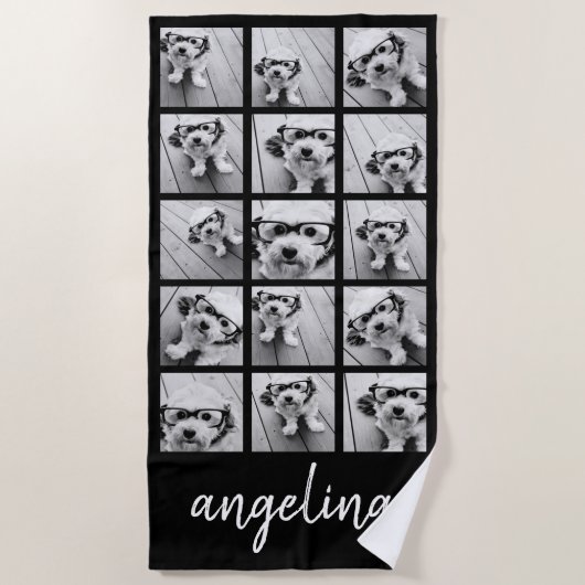 15 Foto Collage met scriptnaam - zwart wit Strandlaken (Voorkant)