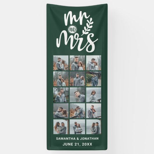 15 Fotocollage Groen & Wit Mr & Mrs Bruiloft Spandoek (Verticaal)