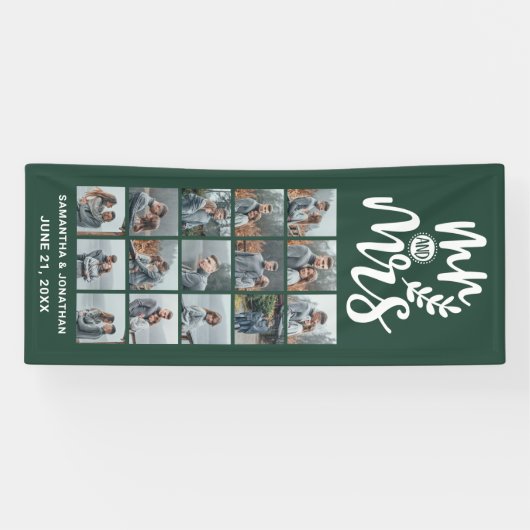 15 Fotocollage Groen & Wit Mr & Mrs Bruiloft Spandoek (Horizontaal)