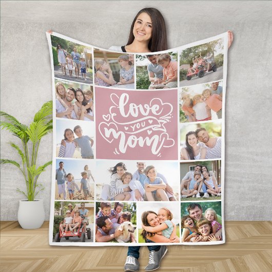 15 Fotocollage Love You Mom Pink Fleece Deken