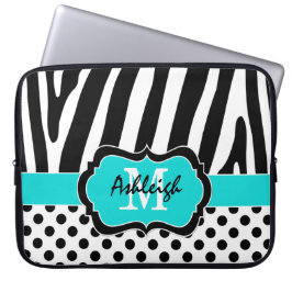 15-inch Aqua Black Zebra Stripes Polka Dot Laptop  Laptop Sleeve