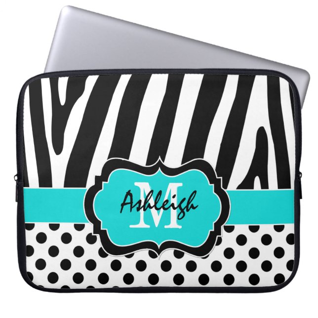 15-inch Aqua Black Zebra Stripes Polka Dot Laptop  Laptop Sleeve (Voorkant)