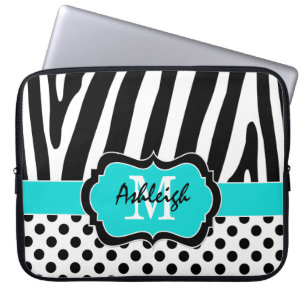 15-inch Aqua Black Zebra Stripes Polka Dot Laptop  Sleeve