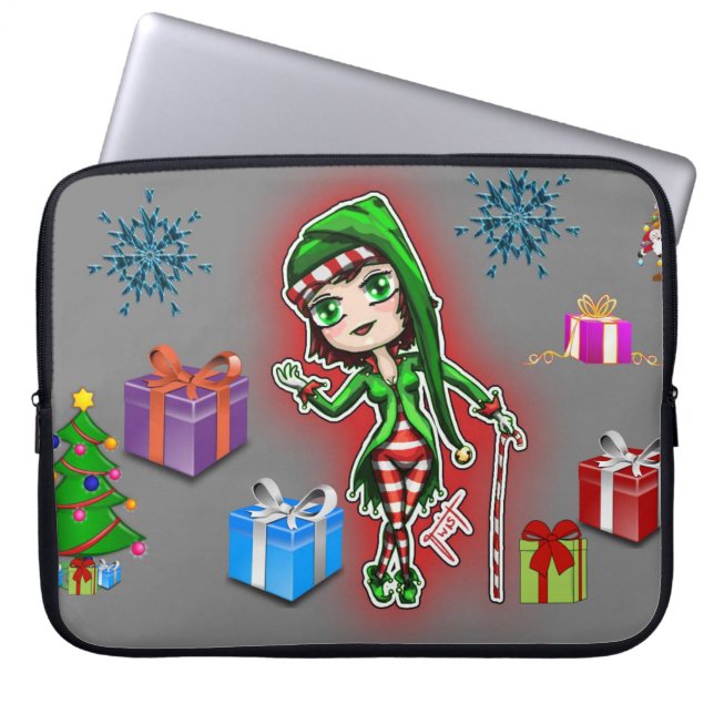 15-inch hoes voor kerstlaptop uit neopreen, Elf (Voorkant)