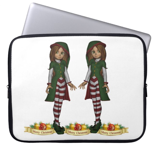 15-inch hoes voor kerstlaptop uit neopreen, Elf (Voorkant)