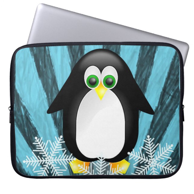 15-inch hoes voor kerstlaptop uit neopreen, pinguï (Voorkant)