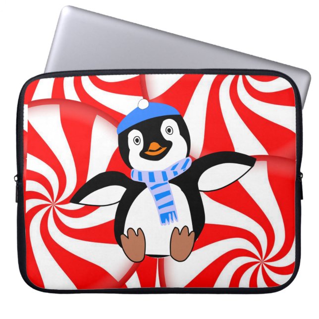 15-inch hoes voor kerstlaptop uit neopreen, pinguï (Voorkant)