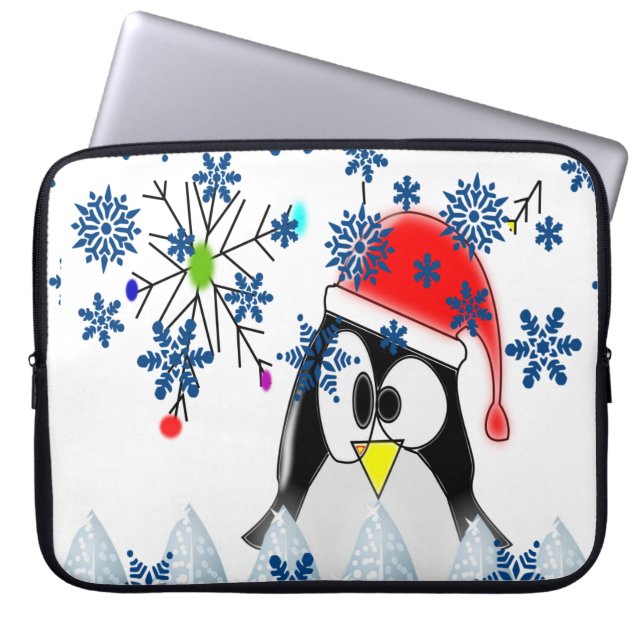 15-inch hoes voor kerstlaptop uit neopreen, pinguï (Voorkant)