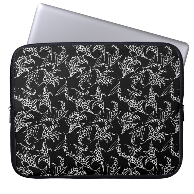 15-inch laptophoes: lilies van de vallei, zwart laptop sleeve (Voorkant)