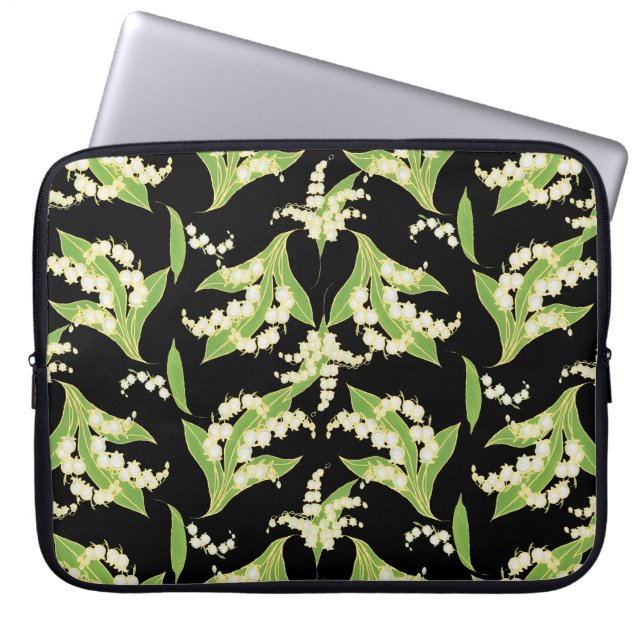 15-inch laptophoes: lilies van de vallei, zwart laptop sleeve (Voorkant)