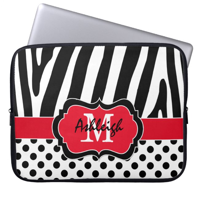 15-inch rode zwarte Zebra Stripes Polka Dots-lapto Laptop Sleeve (Voorkant)