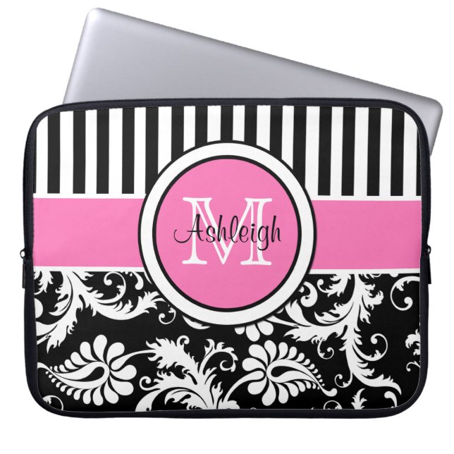 15-inch roze zwarte witte Damask Striped laptophoe Laptop Sleeve (Voorkant)