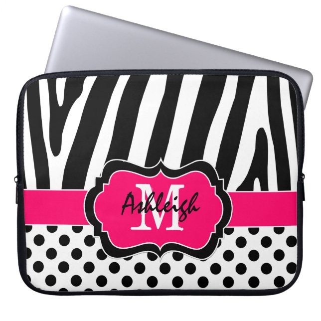15-inch roze zwarte Zebra Stripes Polka Dot notebo Laptop Sleeve (Voorkant)