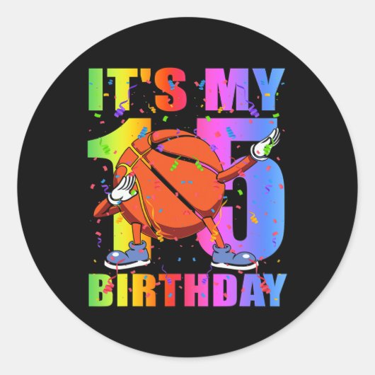 15 Jaar Oud 15e Basketbal Verjaardagsfeest Thema B Ronde Sticker (Voorkant)