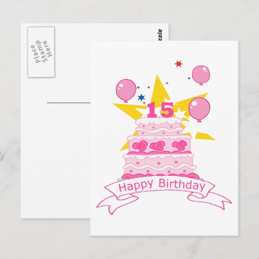 15 jaar oude Birthday Cake Briefkaart (Voorkant / Achterkant)