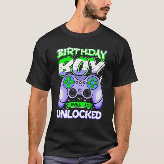 15 jaar oude gamerniveau ontgrendeld 15e verjaarda t-shirt (Voorkant)