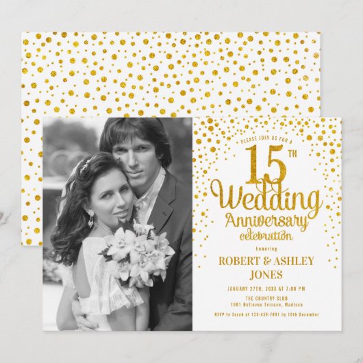 15-jarig jubileum met foto - witgoud kaart (Voorkant / Achterkant)