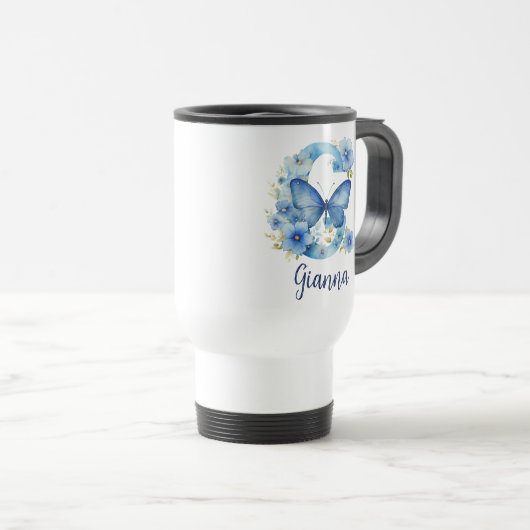 15 oz Bloemen Blauw Monogrammed Reizen Mok (Voorkant rechts)