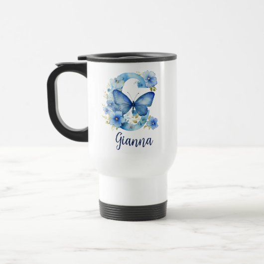 15 oz Bloemen Blauw Monogrammed Reizen Mok (Links)