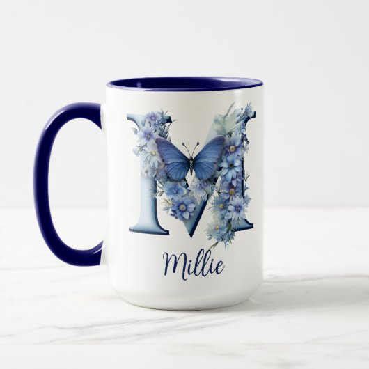 15 oz Bloemend blauw Monogram koffiemok Mok (Links)