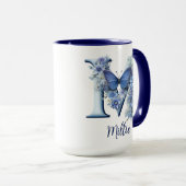 15 oz Bloemendekselblauwe mok met monogram (Voorkant rechts)