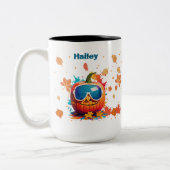 15 oz Fall Coffee Mug, Cool pumpkin with goggles Tweekleurige Koffiemok (Links)