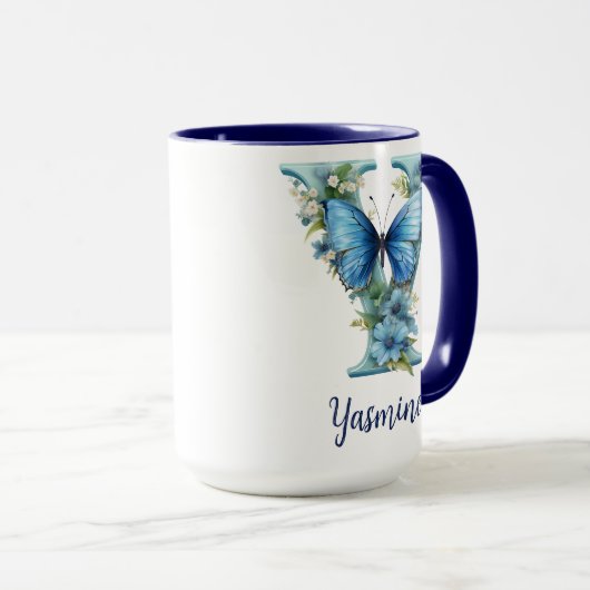 15 oz Floral Blue Monogrammed Coffee Mok (Voorkant rechts)