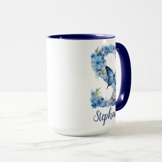 15 oz Floral Blue Monogrammed Coffee Mok (Voorkant rechts)