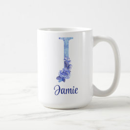 15 oz Geborduurde Waterverf Blauw en Bloemen Koffiemok