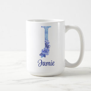 15 oz Geborduurde Waterverf Blauw en Bloemen Koffiemok