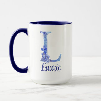 15 oz Geborduurde Waterverf Blauw en Bloemen Mok