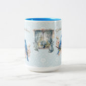 15 oz God zegene onze Home Bluebird Bloemen Damask Tweekleurige Koffiemok (Center)