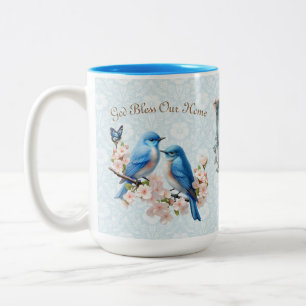 15 oz God zegene onze Home Bluebird Bloemen Damask Tweekleurige Koffiemok