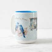 15 oz God zegene onze Home Bluebird Bloemen Damask Tweekleurige Koffiemok (Voorkant links)
