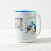 15 oz God zegene onze Home Bluebird Bloemen Damask Tweekleurige Koffiemok (Voorkant rechts)