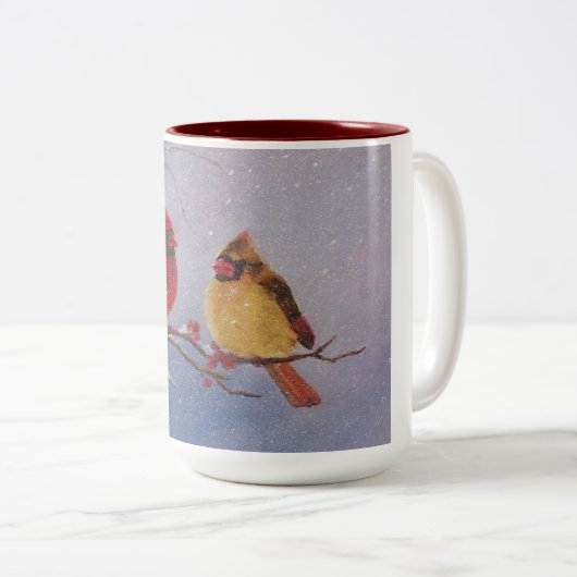 15 oz. Mok met het schilderen van twee kardinalen (Voorkant rechts)