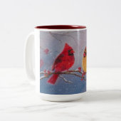 15 oz. Mok met het schilderen van twee kardinalen (Voorkant links)