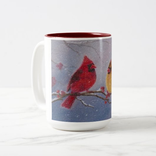 15 oz. Mok met het schilderen van twee kardinalen (Voorkant links)