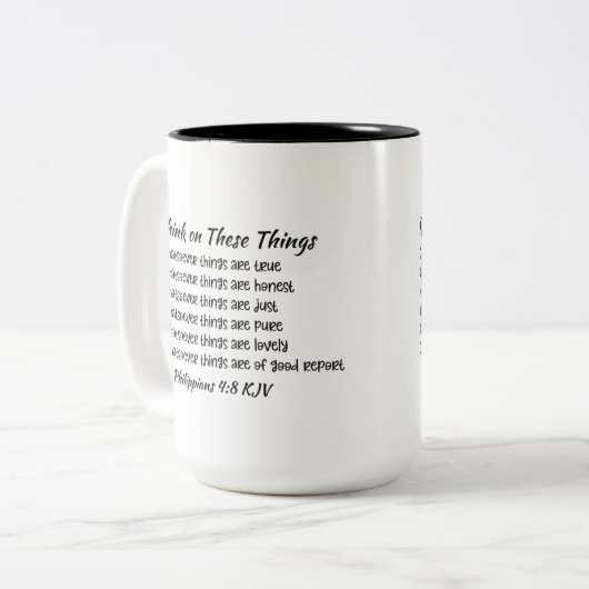 15 Oz Think on This neerzetten Mok - Philippians 4 (Voorkant links)