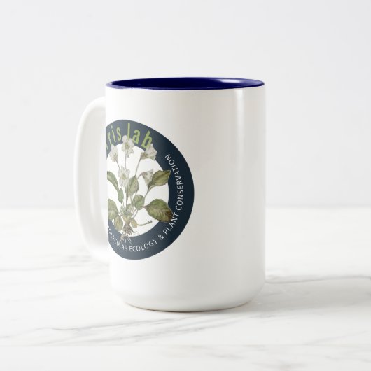 15 oz tweetonige mok met Morris Lab logo (Voorkant links)