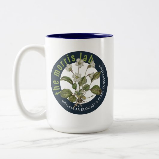 15 oz tweetonige mok met Morris Lab logo (Links)