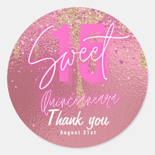 15 roze Folie Quinceanera Roos Gold Ronde Sticker (Voorkant)