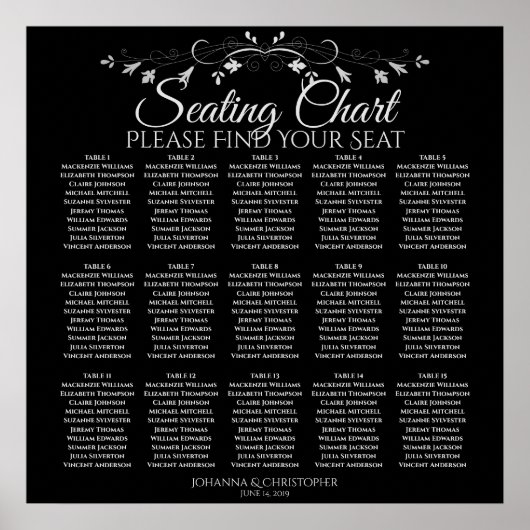 15 Tabel Elegant Black Wedding Seating Chart Poster (Voorkant)
