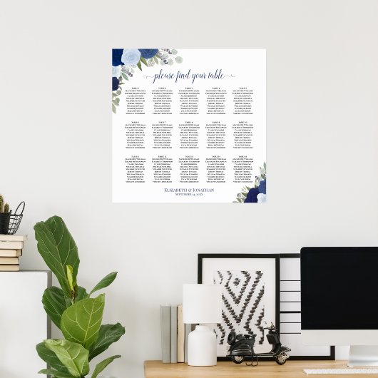 15 Tabel Elegant Blue Rozen Wedding Seating Chart Poster (Thuiskantoor)