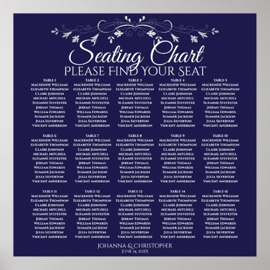 15 Tabel Elegant marineblauw bruiloft Poster (Voorkant)