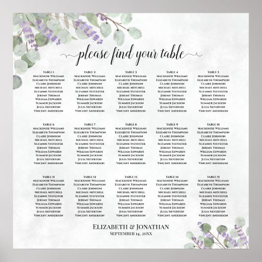 15 Tabel Eucalyptus Lavender Wedding Seating Chart Poster (Voorkant)
