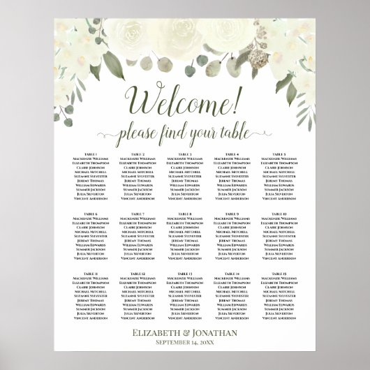 15 Tabel Ivoor White Roses Wedding Seating Chart Poster (Voorkant)